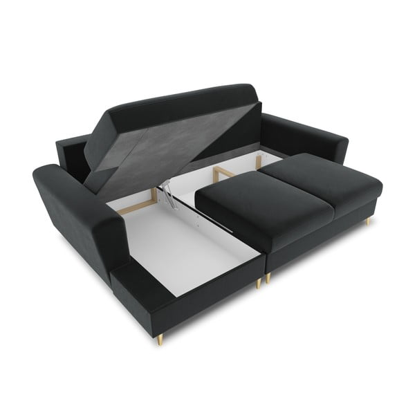 Tmavosivá zamatová rozkladacia/s úložným priestorom rohová pohovka (ľavý roh/s leňoškou) Kyoto – Cosmopolitan Design-image-3