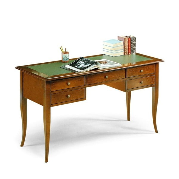 Drevený pracovný stôl s 5 zásuvkami a zeleným koženým povrchom Castagnetti Scrivere