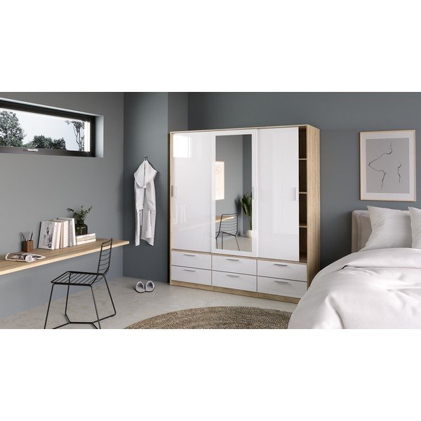 Šatníková skriňa v dekore duba s posuvnými dverami v bielo-prírodnej farbe 181x200 cm Line – Tvilum-image-1
