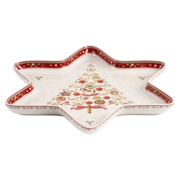 Červeno-biela porcelánová servírovacia miska s motívom vianočnej hviezdy Villeroy & Boch Gingerbread Village, 37,2 x 32,5 cm