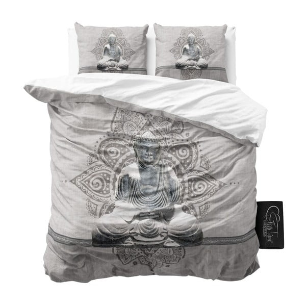 Sivé obliečky z mikroperkálu Sleeptime Buddha Love, 240 x 220 cm
