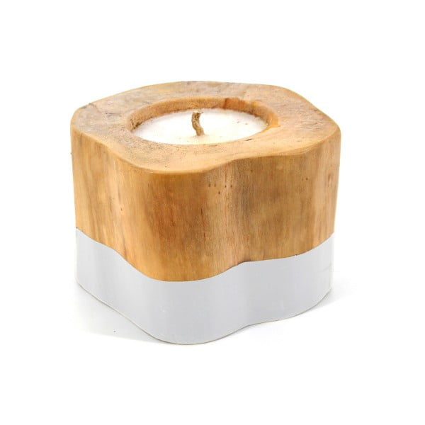 Stredne veľká sviečka z teakového dreva s bielym detailom Moycor Masella