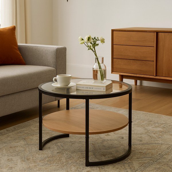 Čierny/v prírodnej farbe okrúhly konferenčný stolík v dekore duba ø 68 cm Zanu – Bonami Essentials-image-1