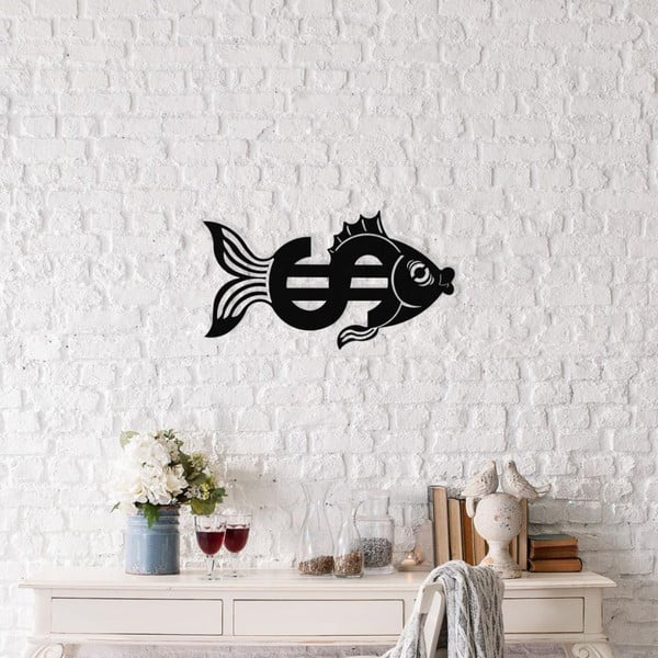 Čierna kovová nástenná dekorácia Dollar Fish, 49 × 27 cm