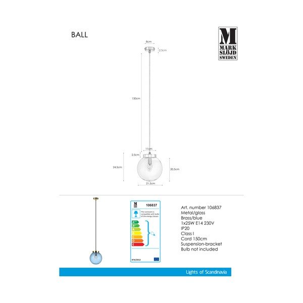 Závesné svietidlo v modro-zlatej farbe Markslöjd Ball Two, ⌀ 22 cm-image-3
