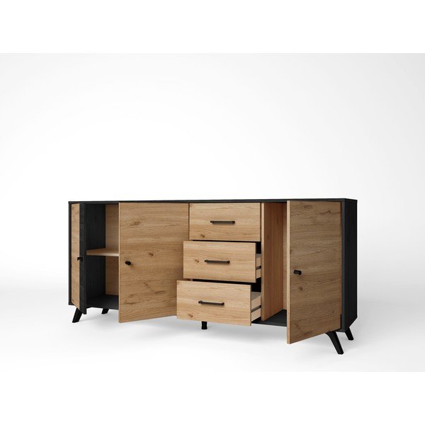 Čierna/prírodná nízka komoda v dekore duba 181x81 cm Bocami – Marckeric-image-3