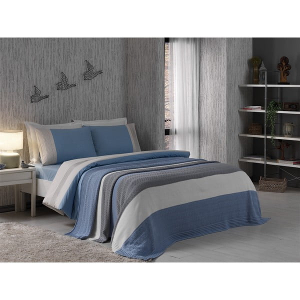Obliečky s plachtou a posteľnou prirkývkou Grey and Blue, 160x220 cm