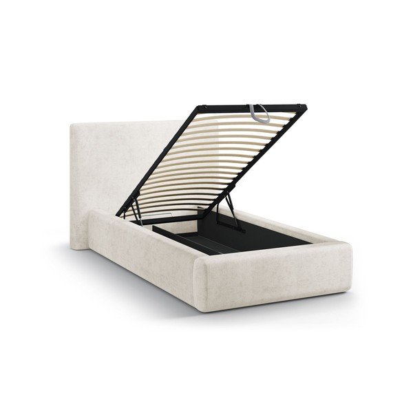 Krémová čalúnená jednolôžková posteľ s úložným priestorom s roštom 90x200 cm Amy – Micadoni -image-1