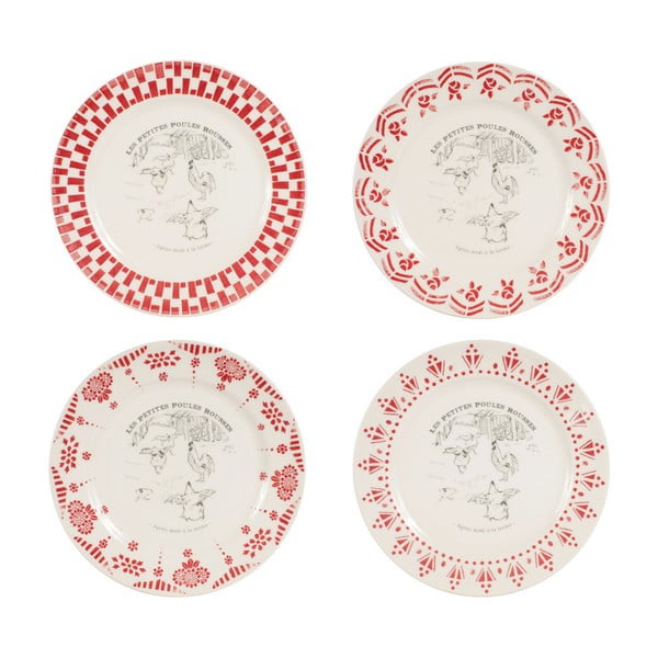 Sada 4 červeno-bielych dezertných tanierov Comptoir de Famille Galline, 21 cm