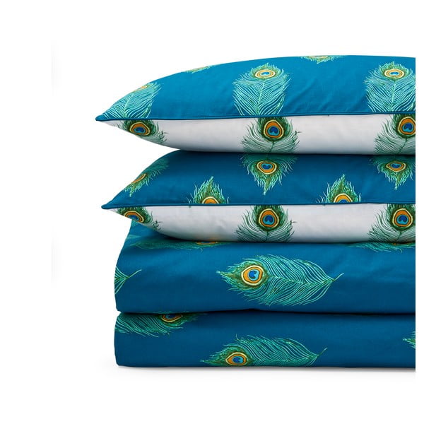 Biele/zelenomodré bavlnené obliečky na dvojlôžko 200x200 cm Peacock Feather – Their Nibs