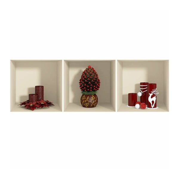 Sada 3 vianočných samolepiek s 3D efektom Ambiance Red Candles and Christmas Tree