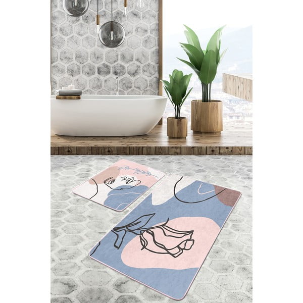 Modro-ružové zamatové kúpeľňové predložky v súprave 2 ks 60x100 cm Abstract Faces – Mila Home-image-1