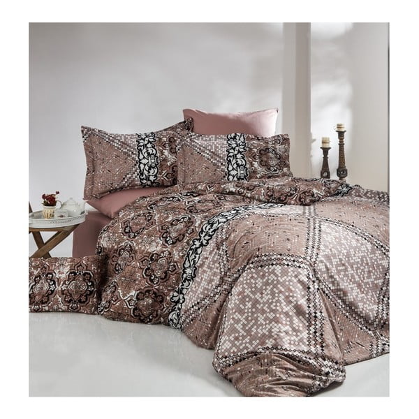 Obliečky z bavlneného saténu s plachtou na dvojlôžko Indigo Crema, 200 × 220 cm