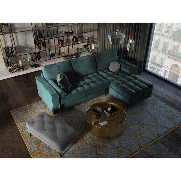 Petrolejovozelená zamatová rozkladacia rohová pohovka Milo Casa Santo, pravý roh-image-1