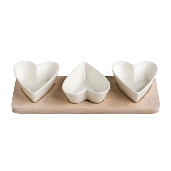 Sada 3 porcelánových mištičiek s bambusovým podnosom Brandan Hearts