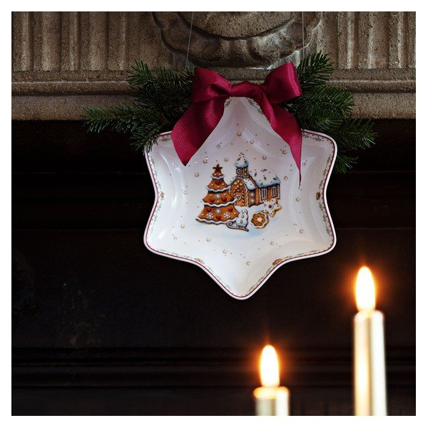 Červeno-biela porcelánová servírovacia miska s motívom vianočnej hviezdy Villeroy & Boch Gingerbread Village, 24,5 x 24,5 cm-image-1