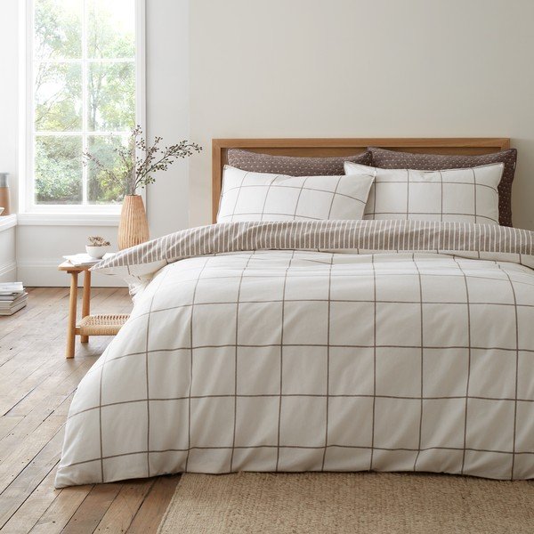Krémovobiele/taupe flanelové obliečky na dvojlôžko 200x200 cm Brushed Regal Check – Bianca-image-1