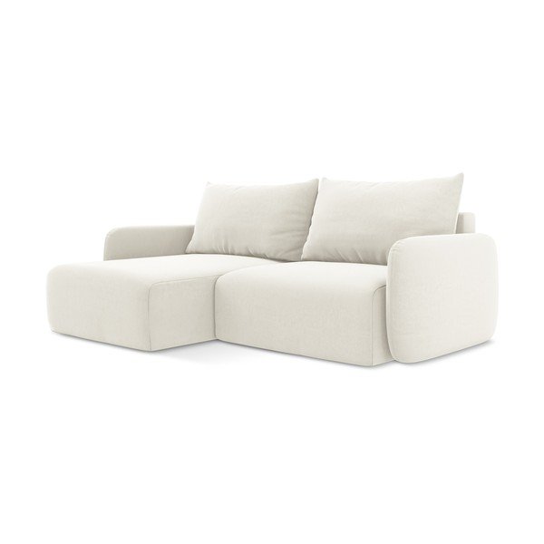 Krémová zamatová rozkladacia/s úložným priestorom rohová pohovka (ľavý roh/s leňoškou) Kalena – Makamii-image-2