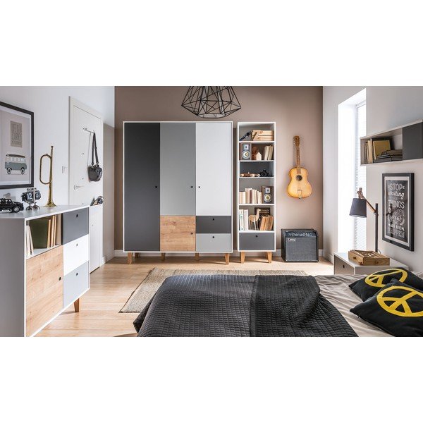 Bielo-sivá trojdverová šatníková skriňa s dreveným detailom Vox Concept-image-1