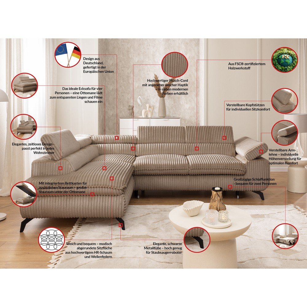 Hnedá menčestrová rohová pohovka (ľavý roh/do L) Marbeya – Ropez