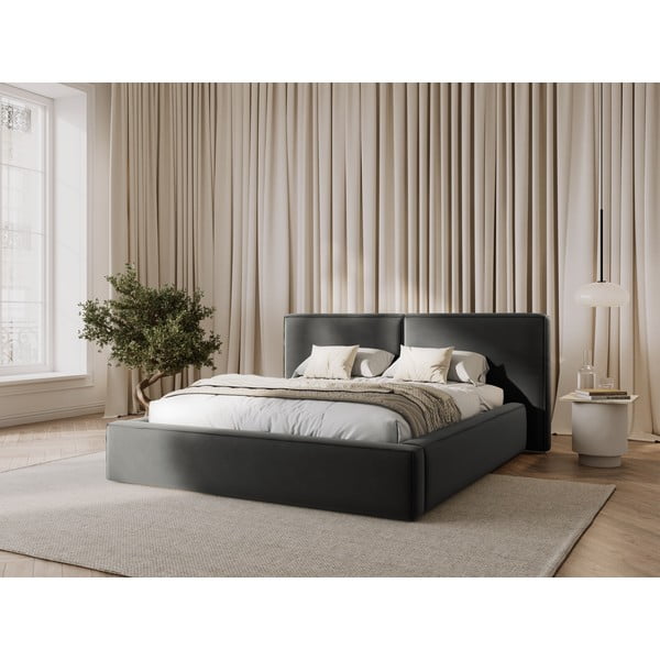 Sivá zamatová čalúnená dvojlôžková posteľ s úložným priestorom s roštom 200x200 cm Arendal – Cosmopolitan Design-image-1