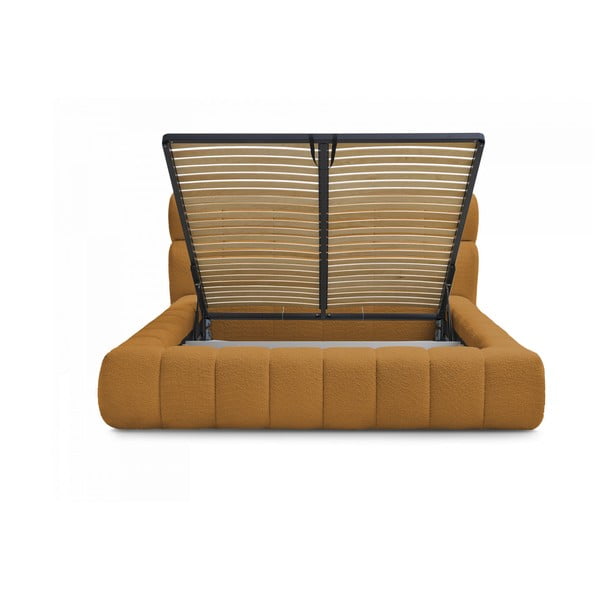 Čalúnená dvojlôžková posteľ s úložným priestorom s roštom 160x200 cm v horčicovej farbe Mont Blanc – Bobochic Paris-image-3