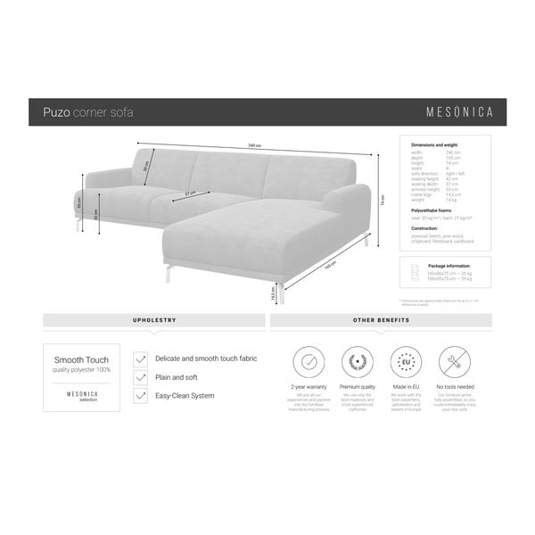 Svetlosivá rohová pohovka MESONICA Puzo, pravý roh-image-4