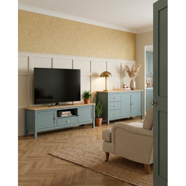 TV stolík sivozelený z borovicového dreva 158x53x40 cm Misti – Marckeric-image-1