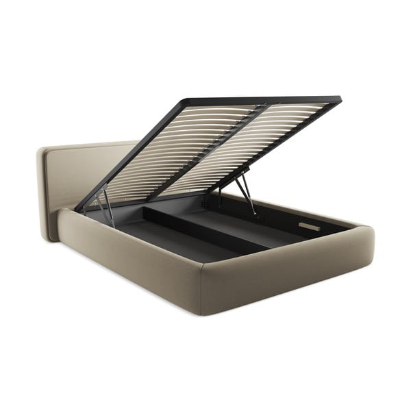 Béžová čalúnená dvojlôžková posteľ s úložným priestorom s roštom 160x200 cm Kiana – Makamii-image-3