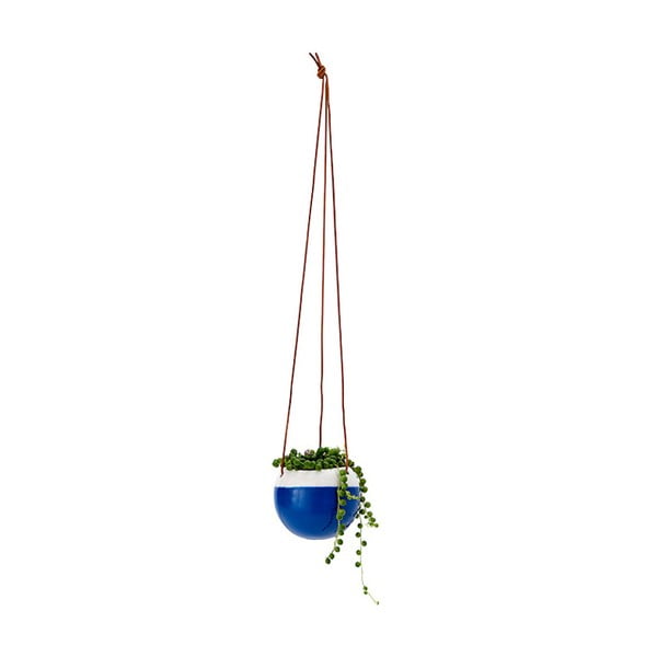 Modrý závesný kvetináč so závesom z kože, ⌀ 13 cm
