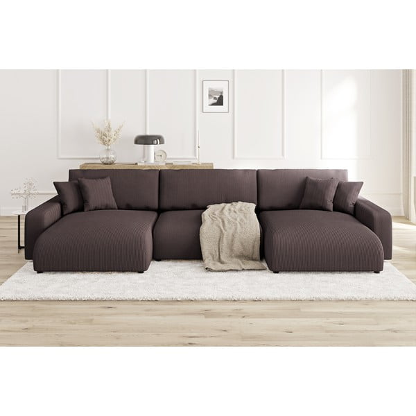 Hnedá menčestrová rozkladacia/s úložným priestorom rohová pohovka Sara – Ropez-image-1