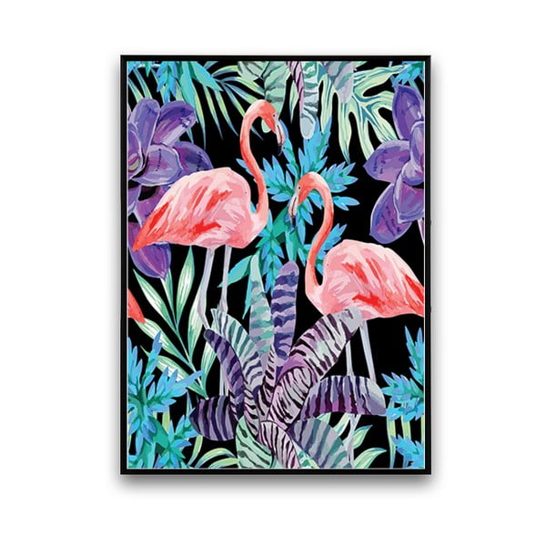 Plagát s pelikánmi a kvetmi, čierne pozadie, 30 x 40 cm