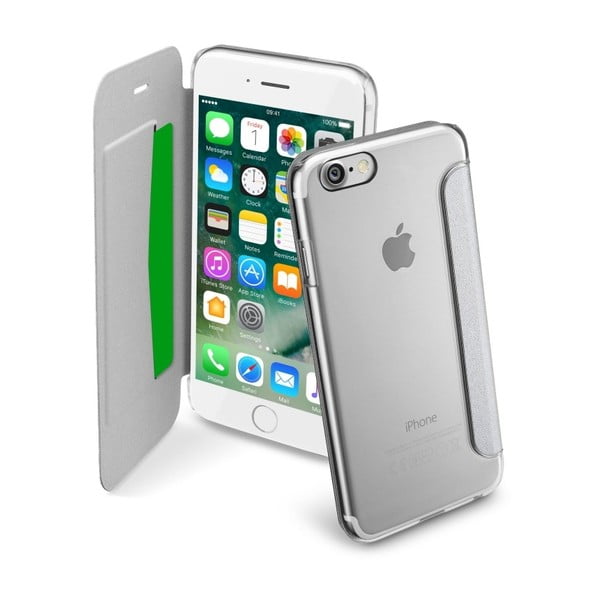 Strieborné transparentné peňaženkové puzdro CellularLine Clear Book pre  iPhone 7