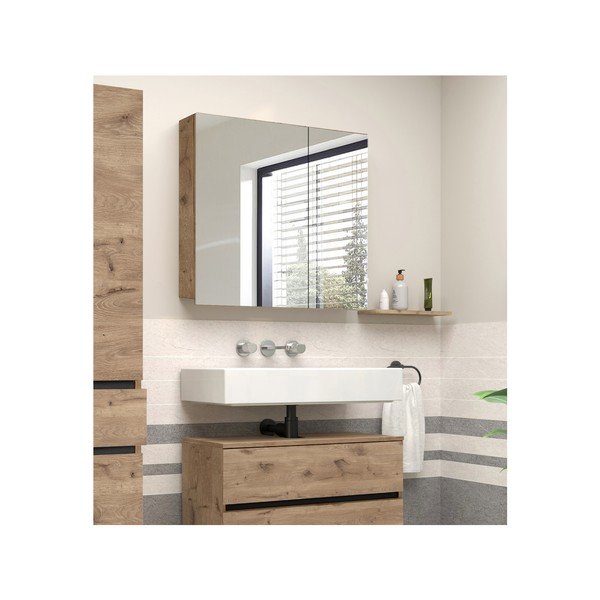 Závesná kúpeľňová skrinka so zrkadlom v dekore duba v prírodnej farbe 80x70 cm Wisla – Støraa-image-4