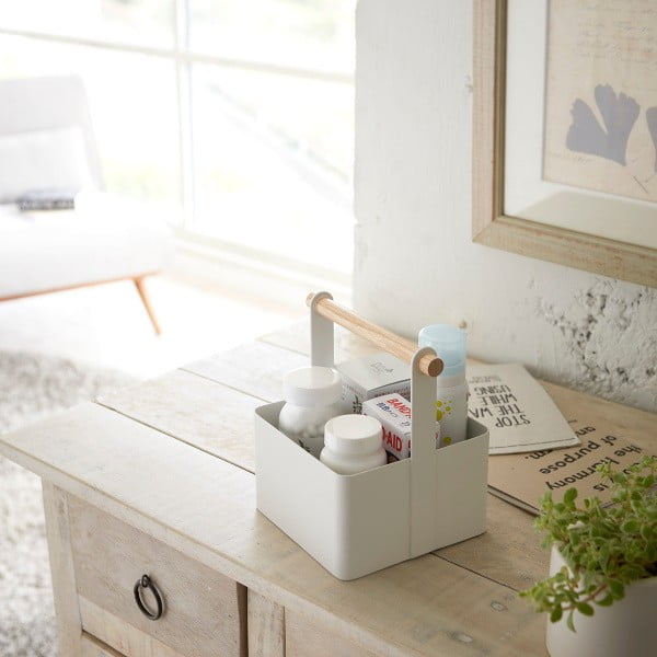 Biely multifunkčný box s detailom z bukového dreva YAMAZAKI Tosca Tool Box, dĺžka 16 cm-image-1