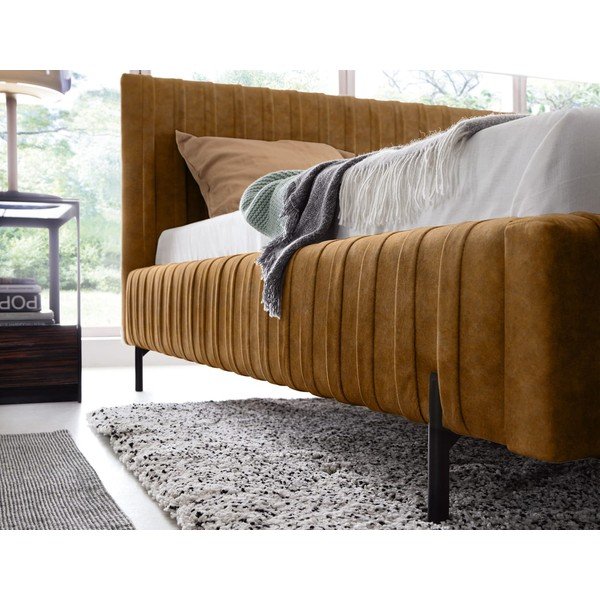 Okrovožltá čalúnená dvojlôžková posteľ s úložným priestorom s roštom 160x200 cm Plissa – ELTAP-image-4