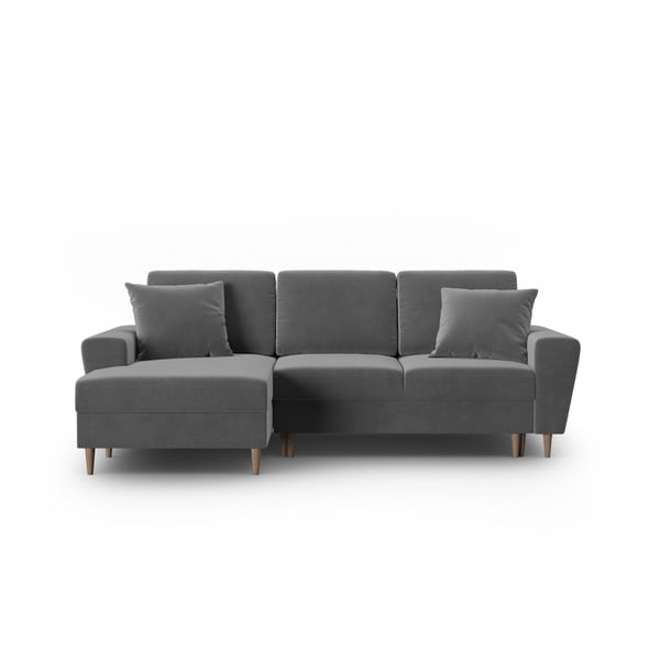 Svetlosivá zamatová rozkladacia/s úložným priestorom rohová pohovka (ľavý roh/s leňoškou) Kyoto – Cosmopolitan Design