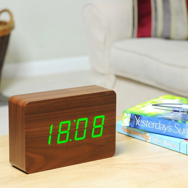 Tmavohnedý budík so zeleným LED displejom Gingko Brick Click Clock-image-3