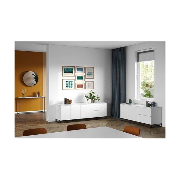 Matne biely televízny stolík s bielou doskou v mramorovom dekore TemaHome Join, 200 × 65 cm-image-1
