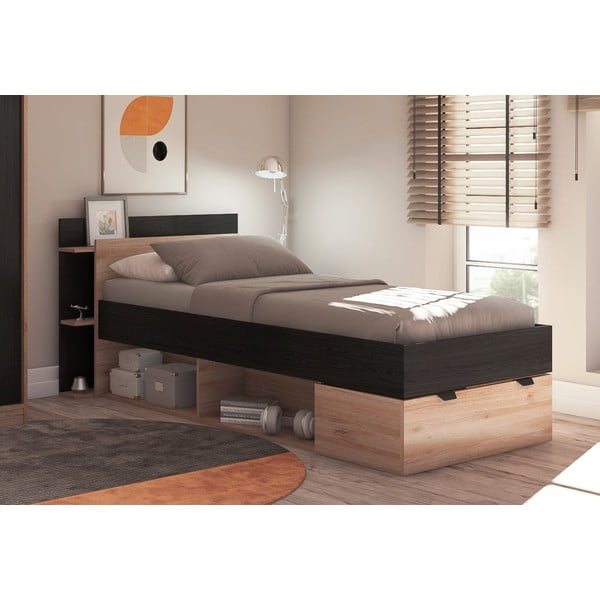 Jednolôžková posteľ v dekore duba s úložným priestorom bez roštu v čierno-prírodnej farbe 90x200 cm Albo – Marckeric-image-3