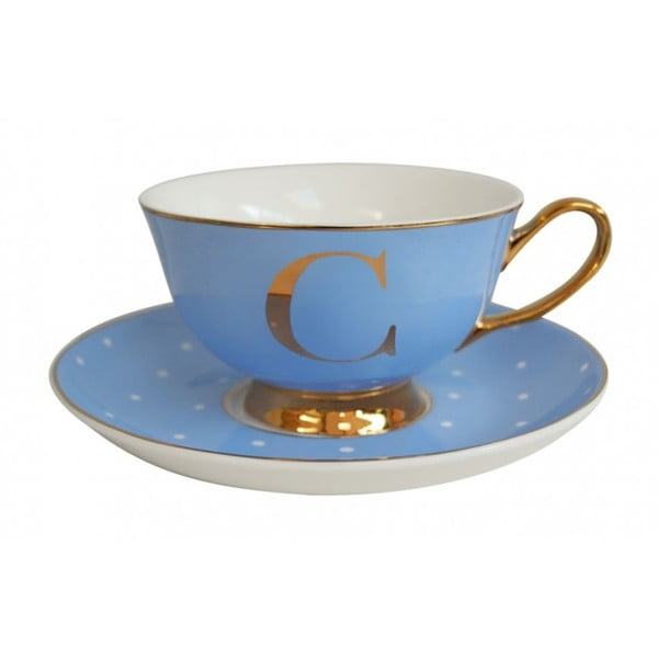 Modrý hrnček s tanierikom s písmenom C Bombay Duck