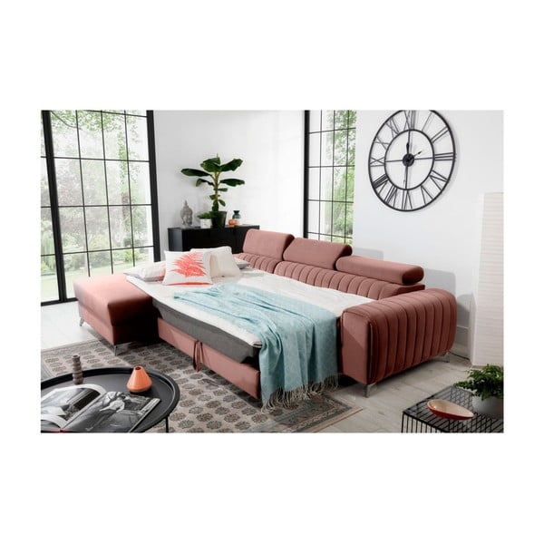 Ružová zamatová rozkladacia/s úložným priestorom rohová pohovka (ľavý roh/s leňoškou) Grayson – ELTAP-image-4