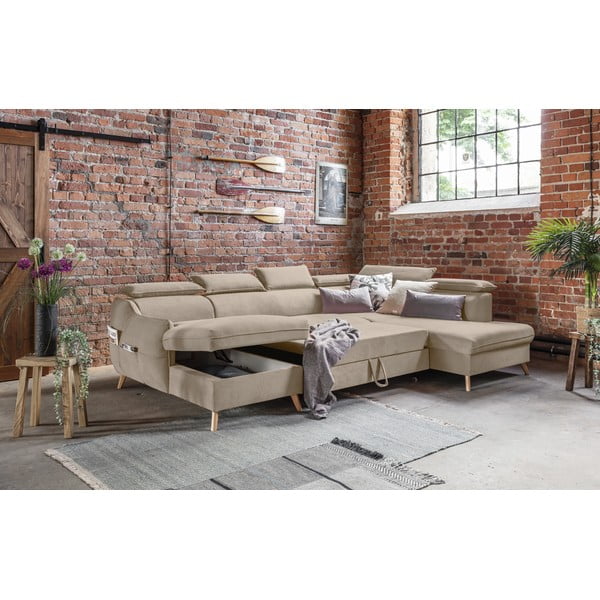 Béžová zamatová rozkladacia rohová pohovka do "U" (pravý roh) Sweet Harmony – Miuform-image-4