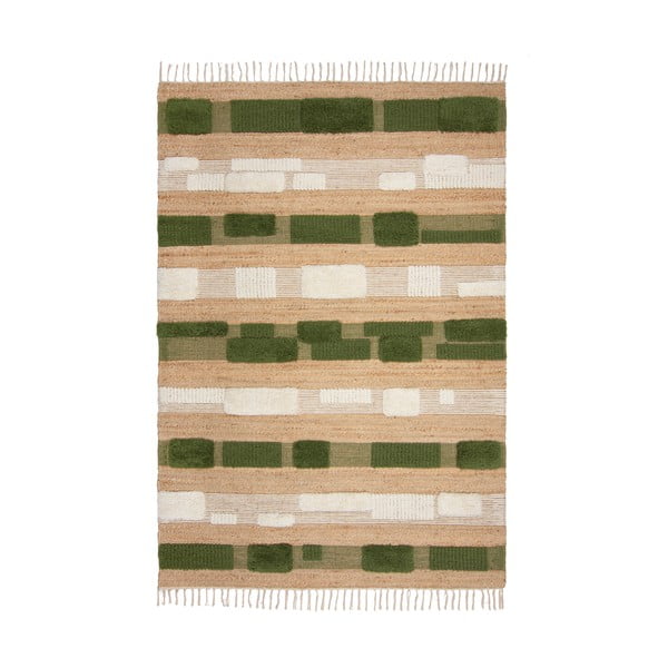 Ručne tkaný koberec s prímesou juty v zeleno-prírodnej farbe 160x230 cm Medina Blocks – Flair Rugs