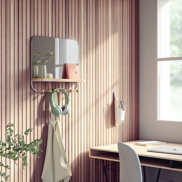 Biely prírodný nástenný vešiak z bukového dreva s poličkou Estique - Umbra-image-1