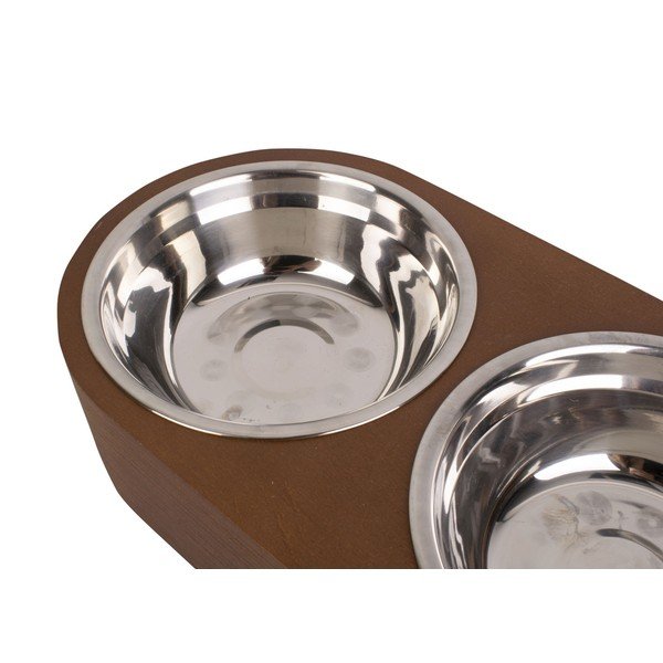 Súprava 2 kovových misiek v tmavom drevenom podstavci PT LIVING Pet, šírka 18 cm-image-3