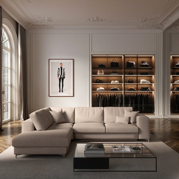 Béžová zamatová rozkladacia/s úložným priestorom rohová pohovka (ľavý roh/do L) Rene – Rodier-image-1