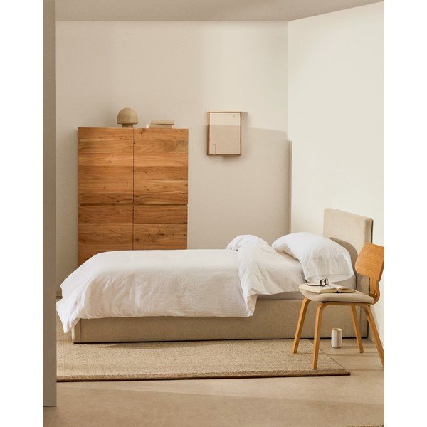 Béžová čalúnená jednolôžková posteľ s úložným priestorom s roštom 90x200 cm Nahiri – Kave Home-image-1