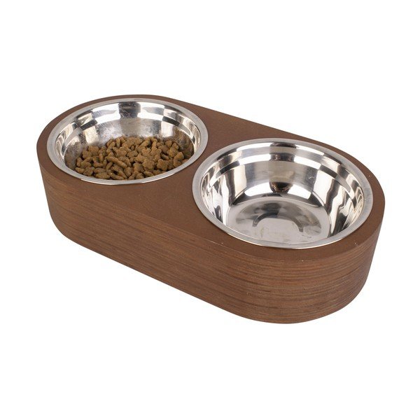 Súprava 2 kovových misiek v tmavom drevenom podstavci PT LIVING Pet, šírka 18 cm-image-4