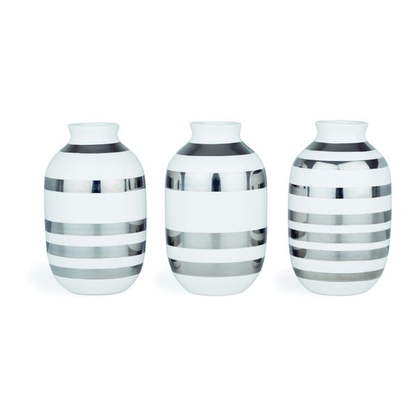 Sada 3 bielych kameninových váz s detailmi v striebornej farbe Kähler Design Omaggio, výška 8 cm